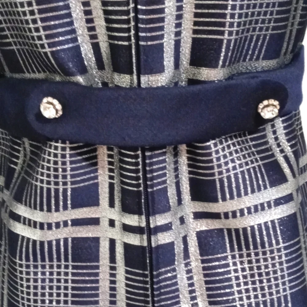 💙VTG 1960s Oscar de la Renta💙 - Navy Silk & Silver Metallic Plaid Mod Dress - Picture 7 of 16